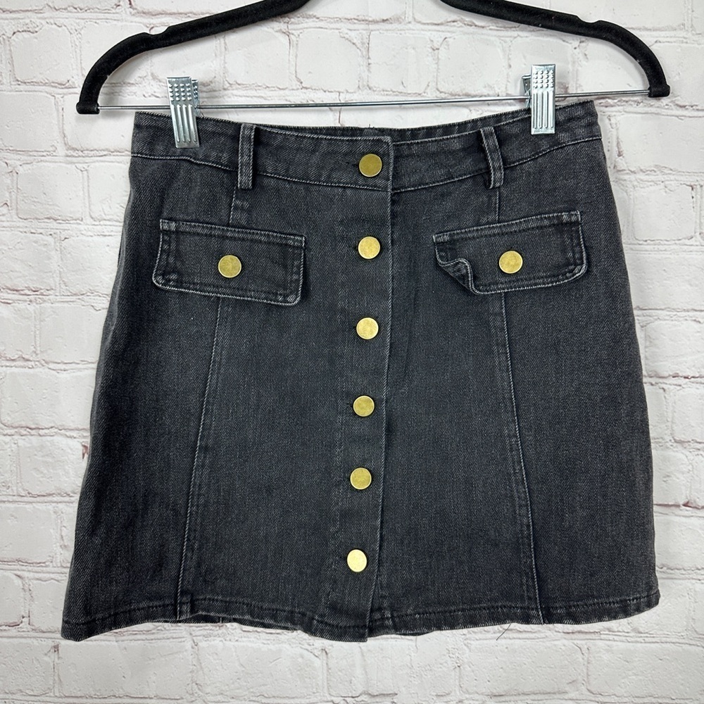 She + Sky Mini black denim‎ skirt gold button accents, sz S, GUC